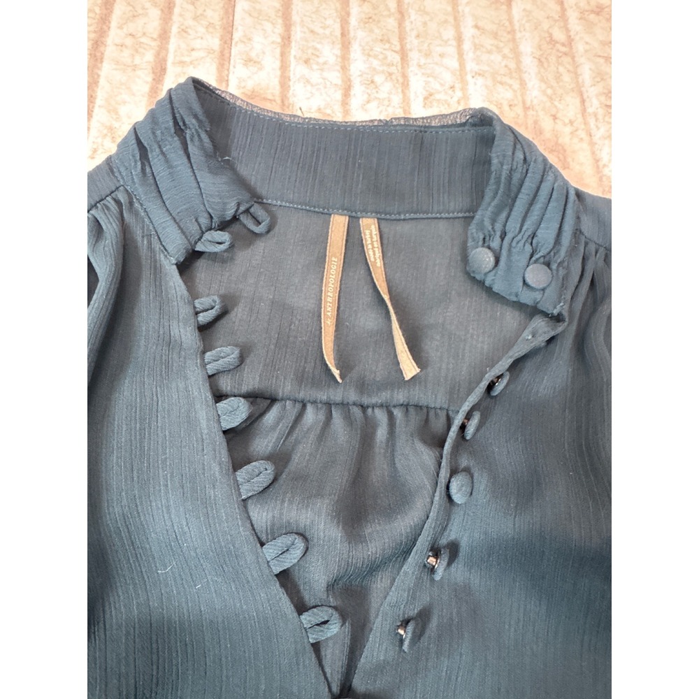 Anthropologie Edme & Esyllte Teal Sheer Button Front Blouse Long Sleeve Size 0